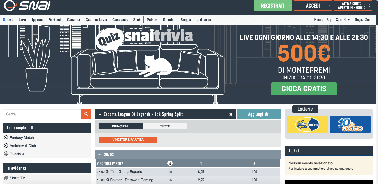 snai scommesse esports