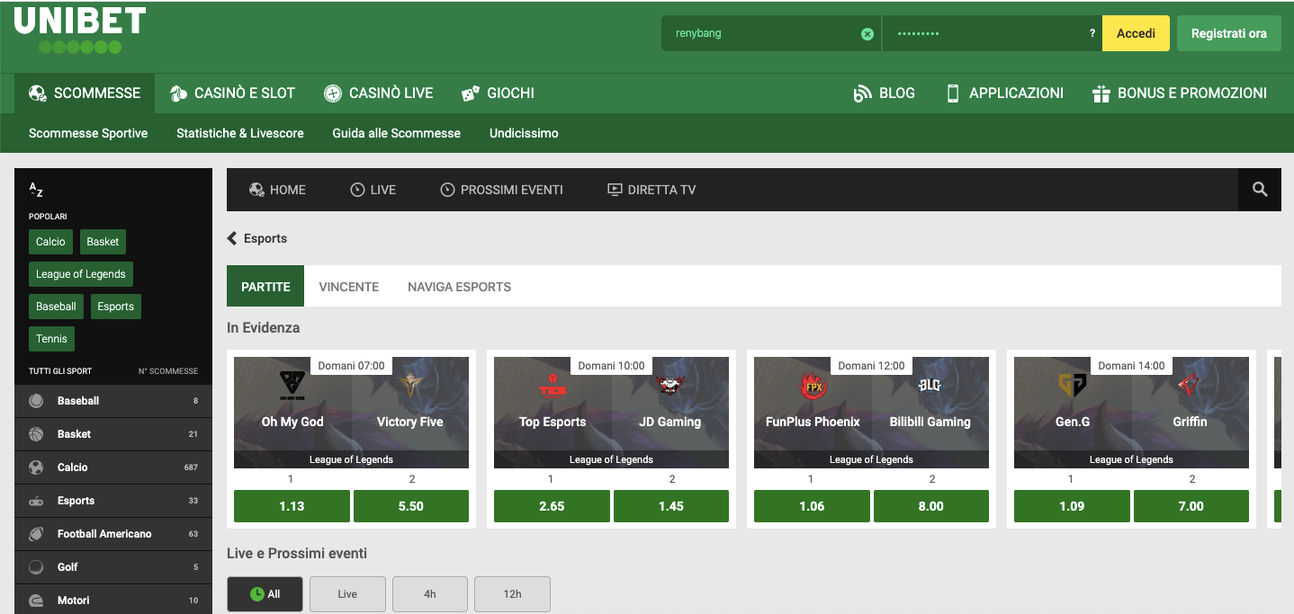 unibet scommesse esports