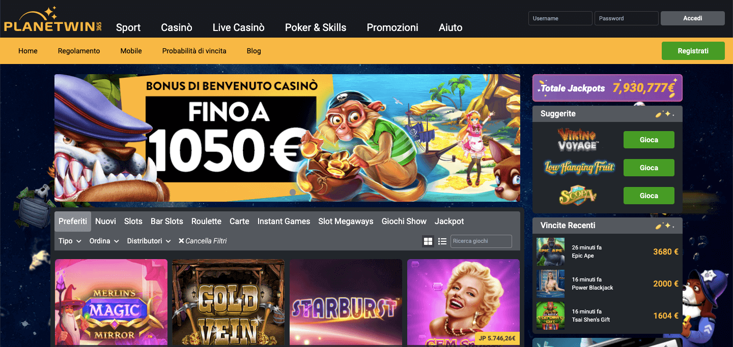 PlanetWin365 Casinò Home